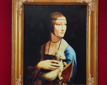 Classic Art Reproduction: Lady with an Ermine, Leonardo da Vinci Masterpiece, Heavyweight paper art canvas, 3D Hand Finished Premium Print
