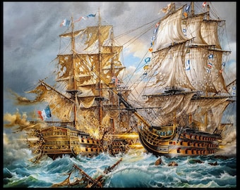 Battle of Trafalgar by Robert Zietara, Art Print, HSM Victory, Nautical Sailing Ship Poster