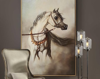 WHITE HORSE | Giclée canvas print from horse original oil painting | Modern home decoration | Equine art | 50x70 cm (19.7"x27.6") Horse Art