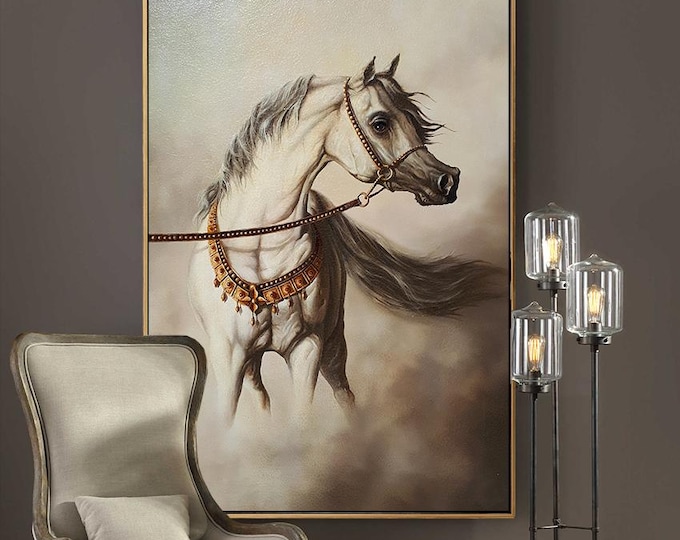 WHITE HORSE | Giclée canvas print from horse original oil painting | Modern home decoration | Equine art | 50x70 cm (19.7"x27.6") Horse Art