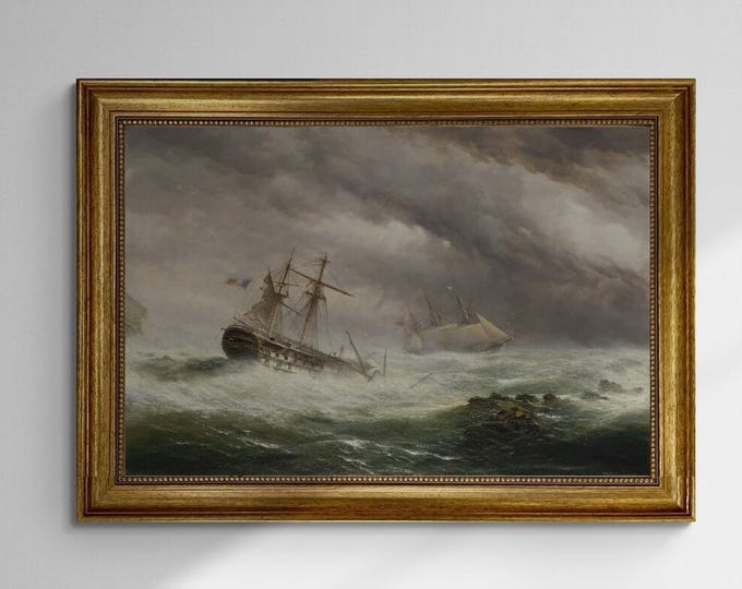 HMS Endymion rescuing a French two-decker premium canvas print, with brushstrokes, golden vintageous frame, looks like original oil painting