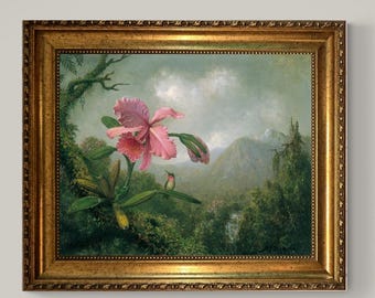 Orchid and Hummingbird Canvas Print with Vintage Golden Frame, Martin Johnson Heade Masterpiece