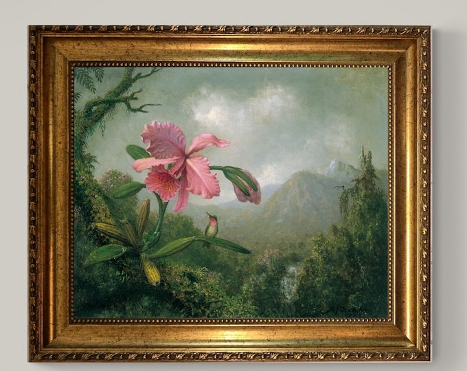 Orchid and Hummingbird Canvas Print with Vintage Golden Frame, Martin Johnson Heade Masterpiece