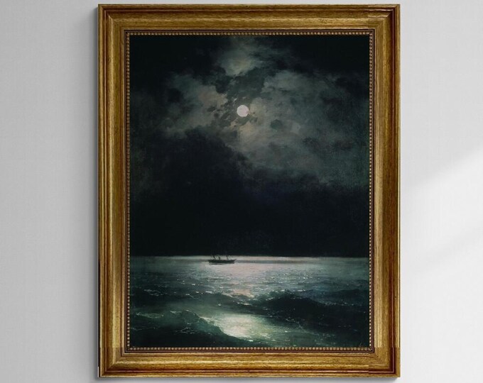 The black sea at night by Aivazovsky canvas hand finished premium print with brush strokes and golden vintageous frame looks like original