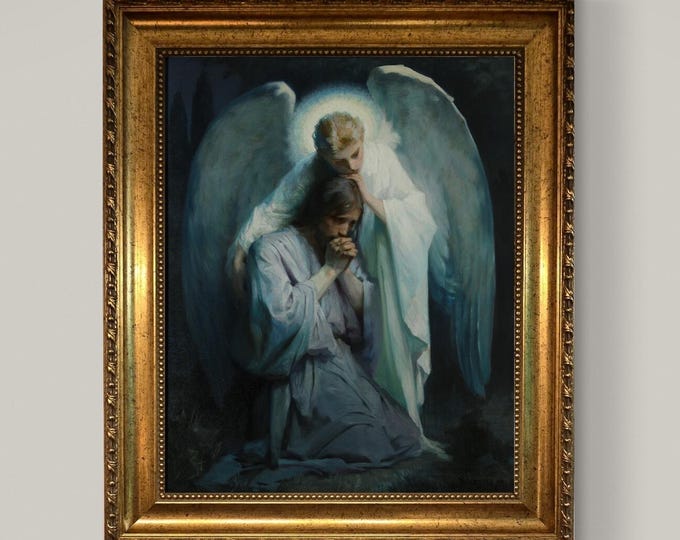 Angel and Jesus Gethsemene Art Print: Frans Schwartz, Vintage Golden Frame and Brush Strokes