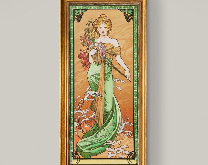 Framed Art Nouveau Print: Alfons Mucha's "Spring" with Golden Frame