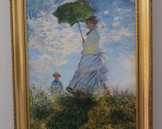 CLaude Monet: Woman with a Parasol Giclée canvas with texture and brush strokes looks like original oil painting, with vintage golden frame