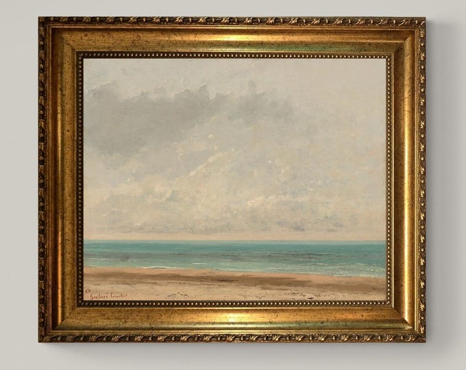 Gustave Courbet "Calm Sea" 3D Canvas Print with Vintage Gold Frame, Brush Strokes