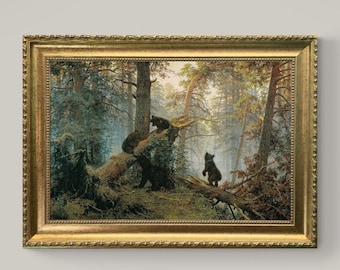 Morning in a Pine Forest by Ivan Shishkin, Canvas Print, Golden Frame, Textured Brushstrokes