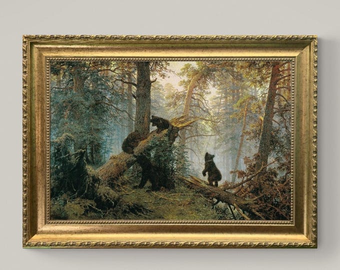 Morning in a Pine Forest by Ivan Shishkin, Canvas Print, Golden Frame, Textured Brushstrokes