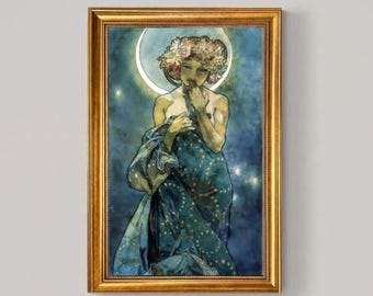 Alphonse Mucha 'Moon and Stars' Framed Canvas Print: Vintage Golden Frame