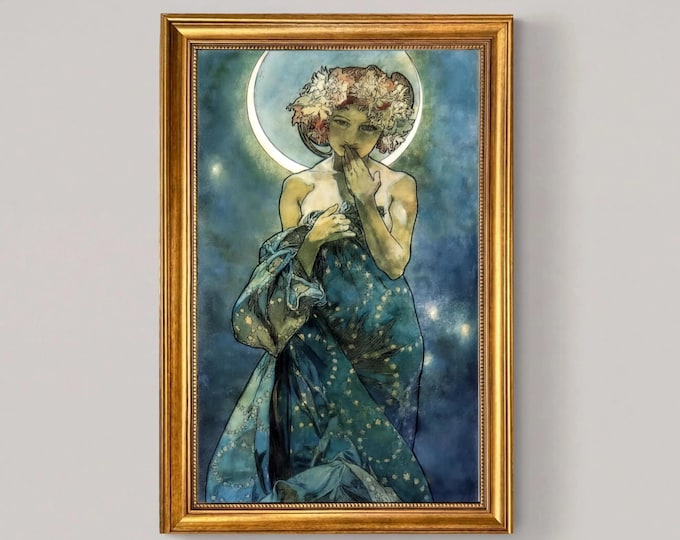 Alphonse Mucha 'Moon and Stars' Framed Canvas Print: Vintage Golden Frame