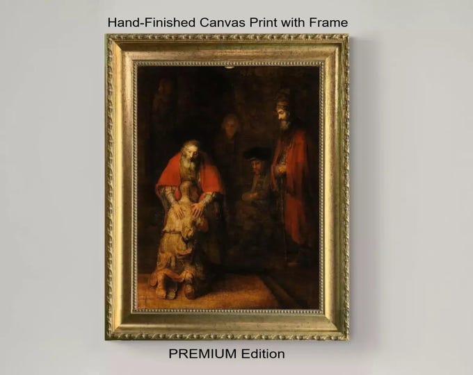 Rembrandt's Return of the Prodigal Son Textured Canvas Print with added brushstrokes in Gold Frame