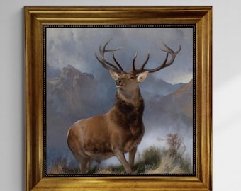 The Monarch of the Glen Giclée Canvas Print with brush strokes and  Golden Vintage Frame