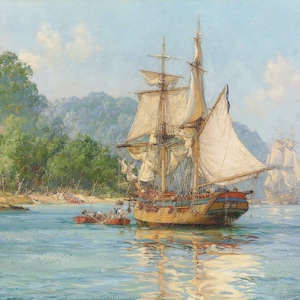 Pirates' Haunt di Montague Dawson, Cocos Island, stampa artistica su tela e carta o stampa con texture 3D con pennellate, sembra l'originale