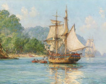 Pirates' Haunt Art Print by Montague Dawson, Cocos Island Nautical Canvas