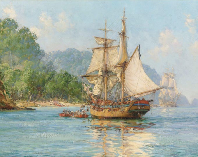 Pirates' Haunt by Montague Dawson, Cocos Island, Art Print on Canvas & Paper or 3D texture print with brush strokes, looks like original
