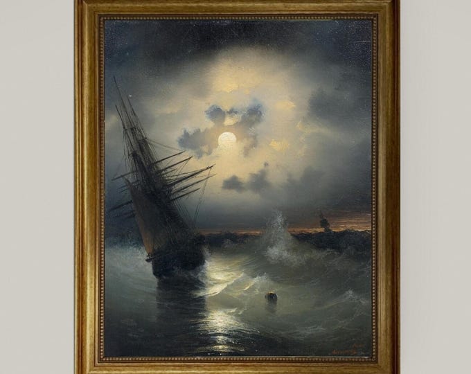 Nautical Vintage Wall Decor: Sailing ship on a high sea by moonlight Aivazovsky | Premium Canvas Prints with Realistic Brush Stroke Finish