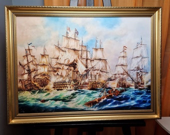 The Battle of Trafalgar, HMS Victory, War Naval Sea Battle, Nautical Wall Art, Premium Giclée framed canvas print of original ship painting