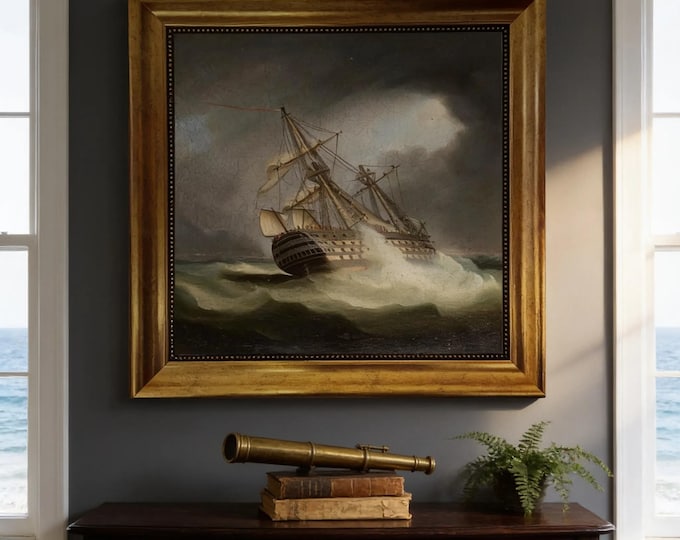 HMS Victory Canvas Print, James Buttersworth Reproduction, Golden Wooden Frame