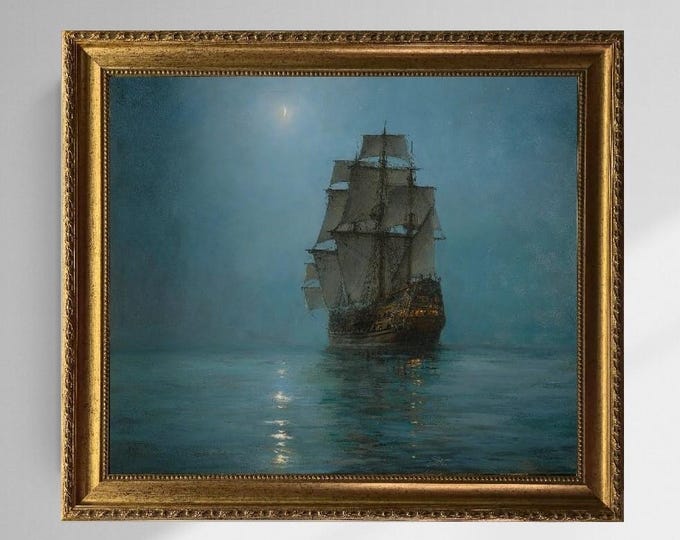 Montague Dawson Ship Painting: Crescent Moon Canvas Print with Vintage Gold Frame