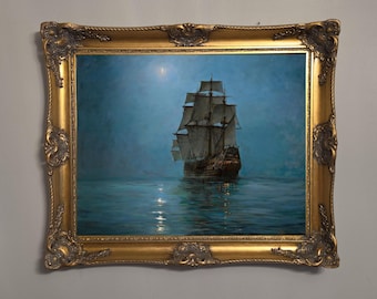 Montague Dawson Crescent Moon Ship Painting, Vintage Framed Giclée Canvas Print