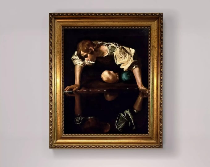 Caravaggio Narcissus Canvas Print, Brush Stroke Texture, Vintage Gold Wooden Frame