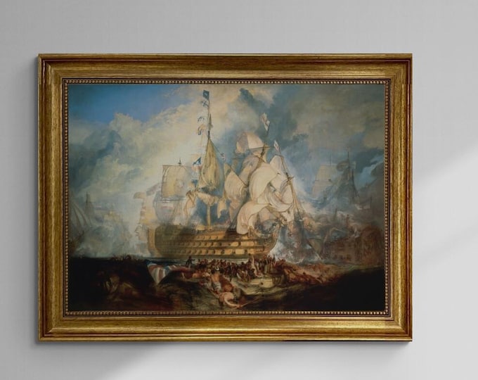 Epic Battle of Trafalgar: Naval Art Print by W. Turner | real art canvas with hand-applied brush strokes for Authentic Look | golden frame