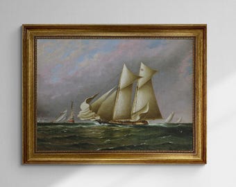 Schooner Idler, New York Yacht Club Regatta, 3D canvas premium print with brush strokes & vintageous frame looks like original oil painting