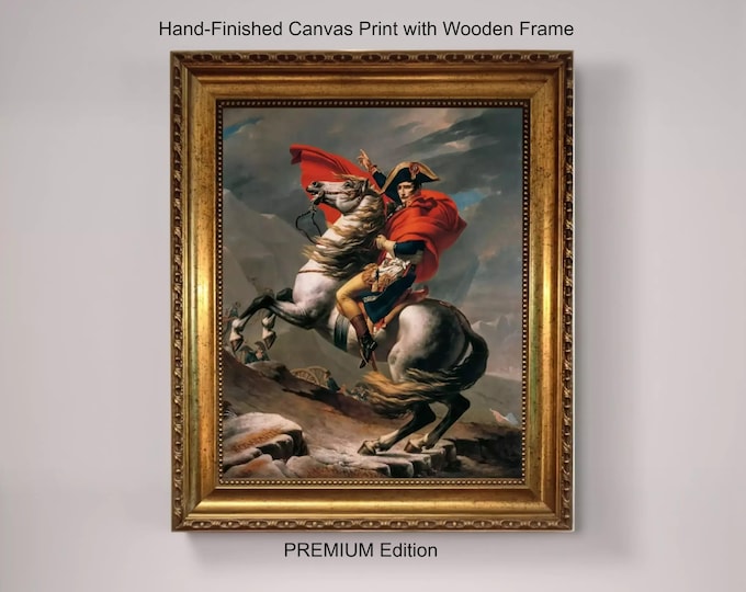 Napoleon Crossing the Alps Canvas Print with Vintage Gold Frame, Brush Strokes