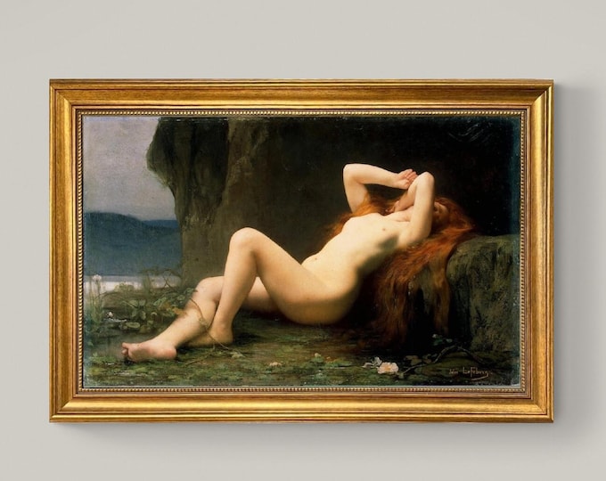Mary Magdalene Print: Jules Lefebvre Painting, Canvas Print with Vintage Golden Frame and Brushstrokes
