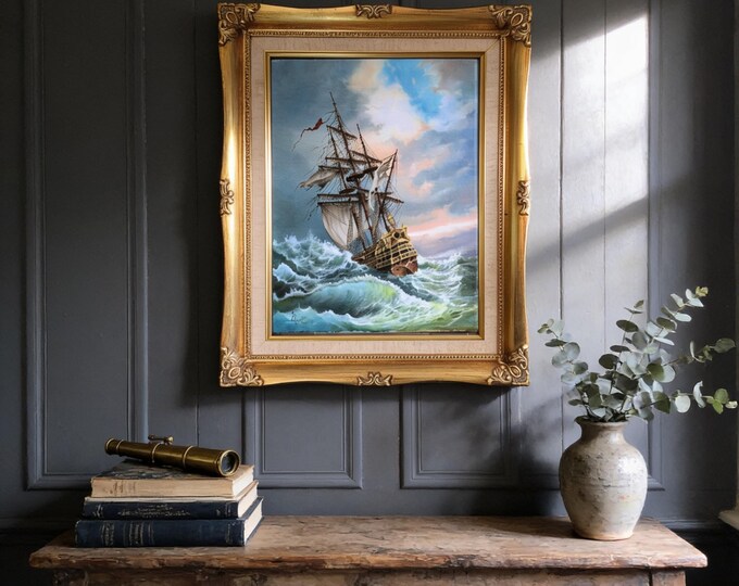 Tall Ship Giclée Canvas Print, After Storm Seascape, Golden Vintage Frame