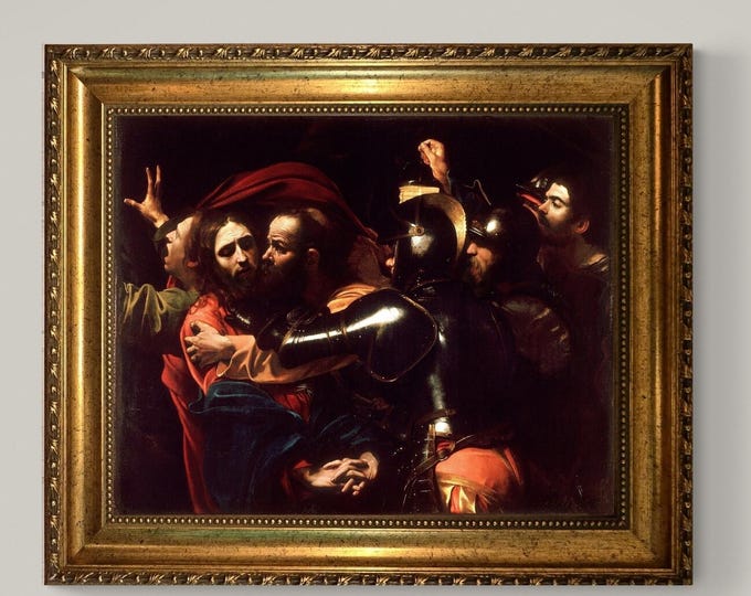 The Talking of Chris by Caravaggio, Premium 3D Canvas Print with brush strokes and vintage wooden gold frame