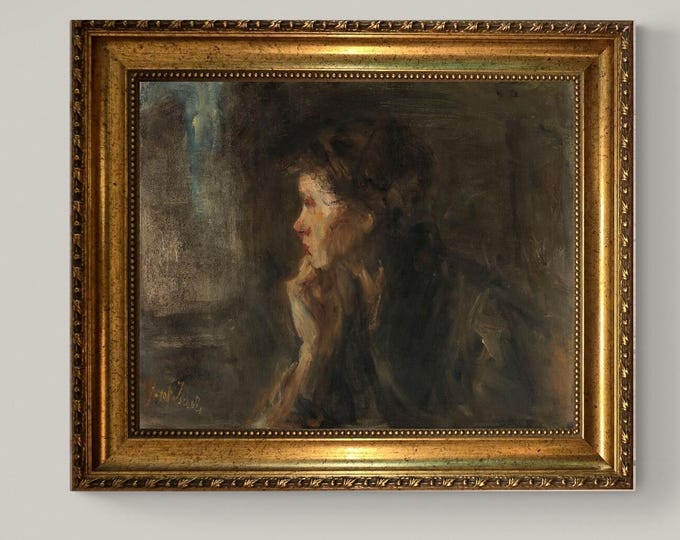 Jozef Israëls Contemplation art print on Canvas, Brush strokes and Vintage Gold Frame