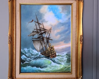 Tall Ship Giclée Canvas Print, After Storm Seascape, Golden Vintage Frame