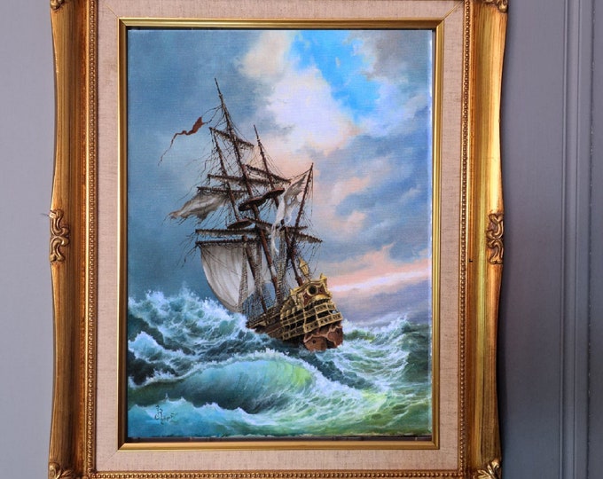 AFTER STORM tall ship art, seascape wall art, framed giclée canvas from original painting, Seascape print with golden vintageous frame