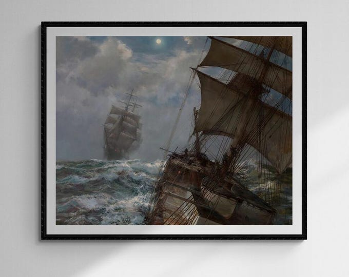 Two Clippers Noctrune by Montague Dawson, nautical vintage wall decor, giclee print reproduction painting on fineart paper or museum poster