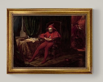 The Sad Jester Canvas Print: Vintage Golden Frame, Hand-Finished Brush Strokes