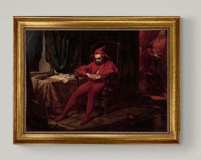 The Sad Jester Canvas Print: Vintage Golden Frame, Hand-Finished Brush Strokes