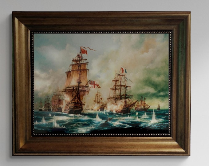 Naval Glory: Battle of Trafalgar, framed premium canvas print, with brushstrokes & golden vintageous frame, looks like original oil painting
