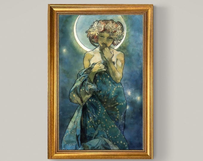 Alphonse Mucha 'Moon and Stars' Framed Canvas Print: Vintage Golden Frame