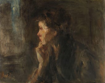 Jozef Israëls Contemplation art print on Canvas, Brush strokes