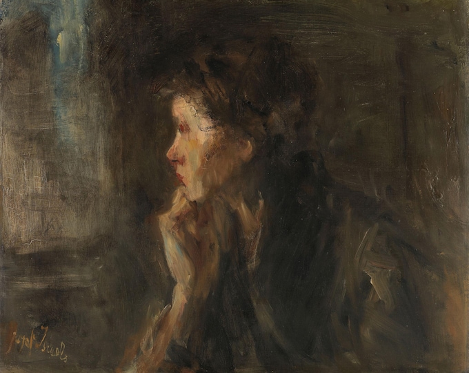 Jozef Israëls Contemplation art print on Canvas, Brush strokes