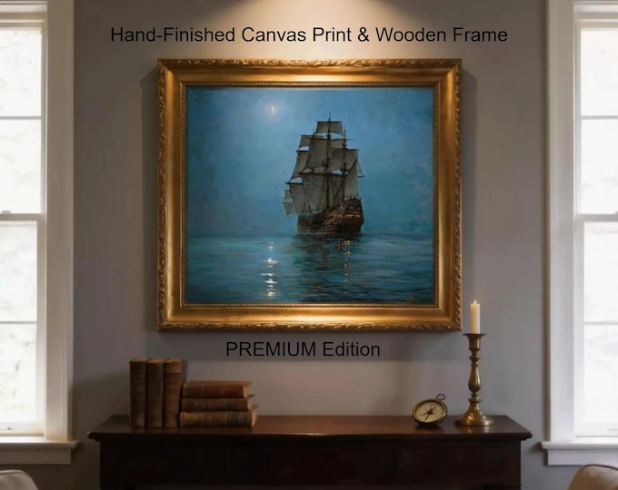 Montague Dawson Ship Painting: Crescent Moon Canvas Print with Vintage Gold Frame