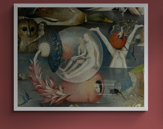 Bosch canvas print reproduction: detail from Garden of Earthly Delights, Couple in glass ball, Bosch Garden Canvas Print with floating frame