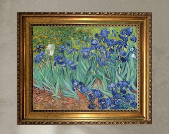 Van Gogh Irises Art Print on canvas with Vintage Golden Frame and Brush Strokes