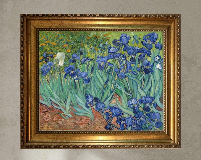 Van Gogh Irises Art Print on canvas with Vintage Golden Frame and Brush Strokes