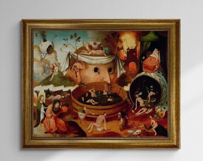 Tondals Vision by Bosch , Gliclee canvas 3D hand finished premium print with brush strokes and golden vintageous frame, looks like original