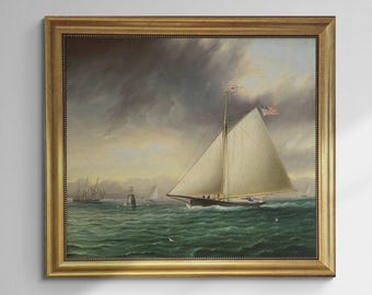 Racing Sloop Whistler Off Bowditch Ledge Salem: Framed Oil Painting Print on Canvas finished with brush strokes looks like original painting