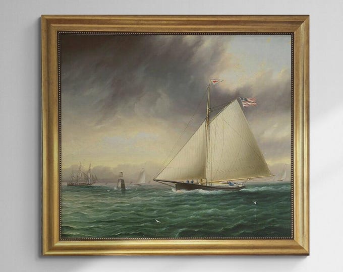 Racing Sloop Whistler Off Bowditch Ledge Salem: Framed Oil Painting Print on Canvas finished with brush strokes looks like original painting